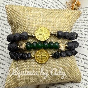 Black lava and untreated emerald luxury bracelet stack set